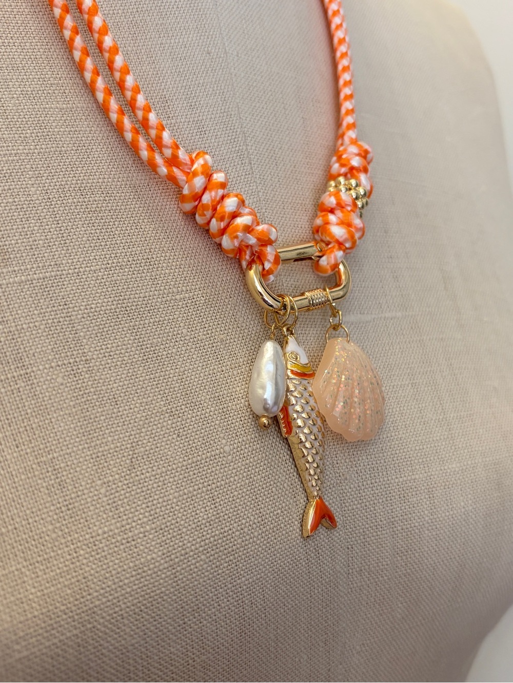 Orange Cord Necklace with Shell & Fish Charms